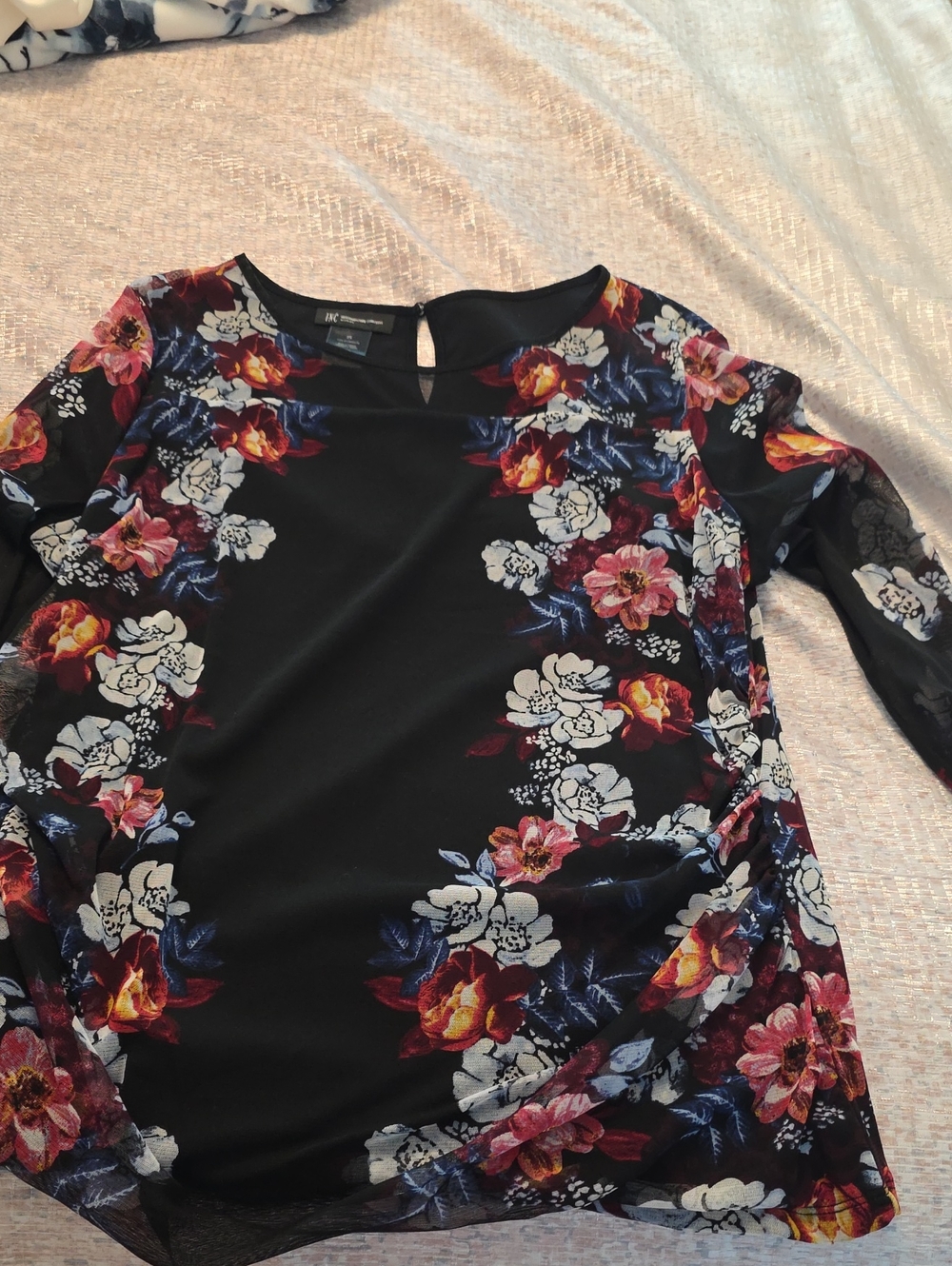 INC International Concepts Black Floral Long Sleeve Sheer-Sleeve Top